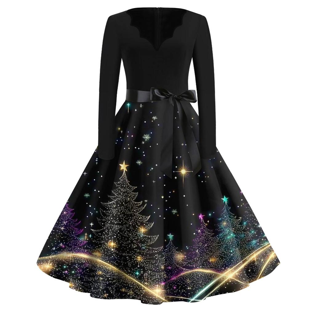 Dámské módní šaty s výstřihem do V, volného střihu, s vánočním potiskem a dlouhým rukávem