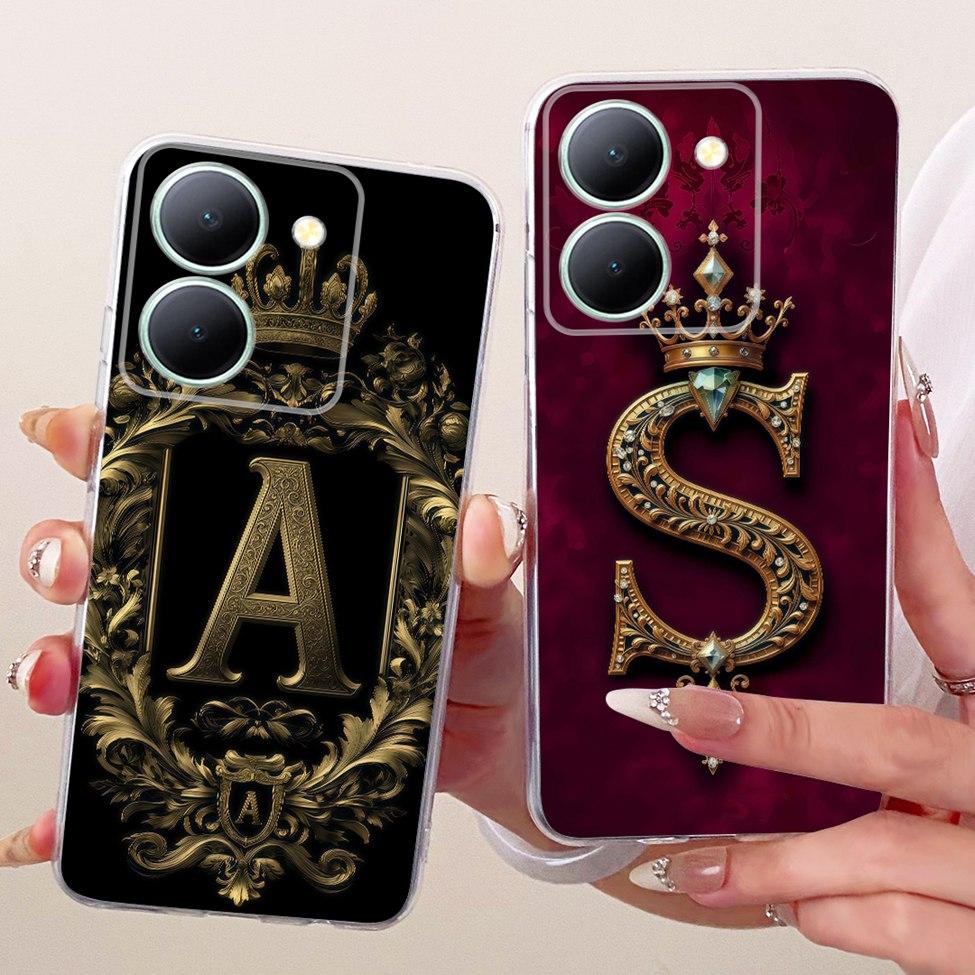 For Vivo V2322 Cover For Vivo Y27S Case Transparent Luxury Crown A-Z Letters 2D Flat Pattern Soft Phone Case For Y27S Vivo