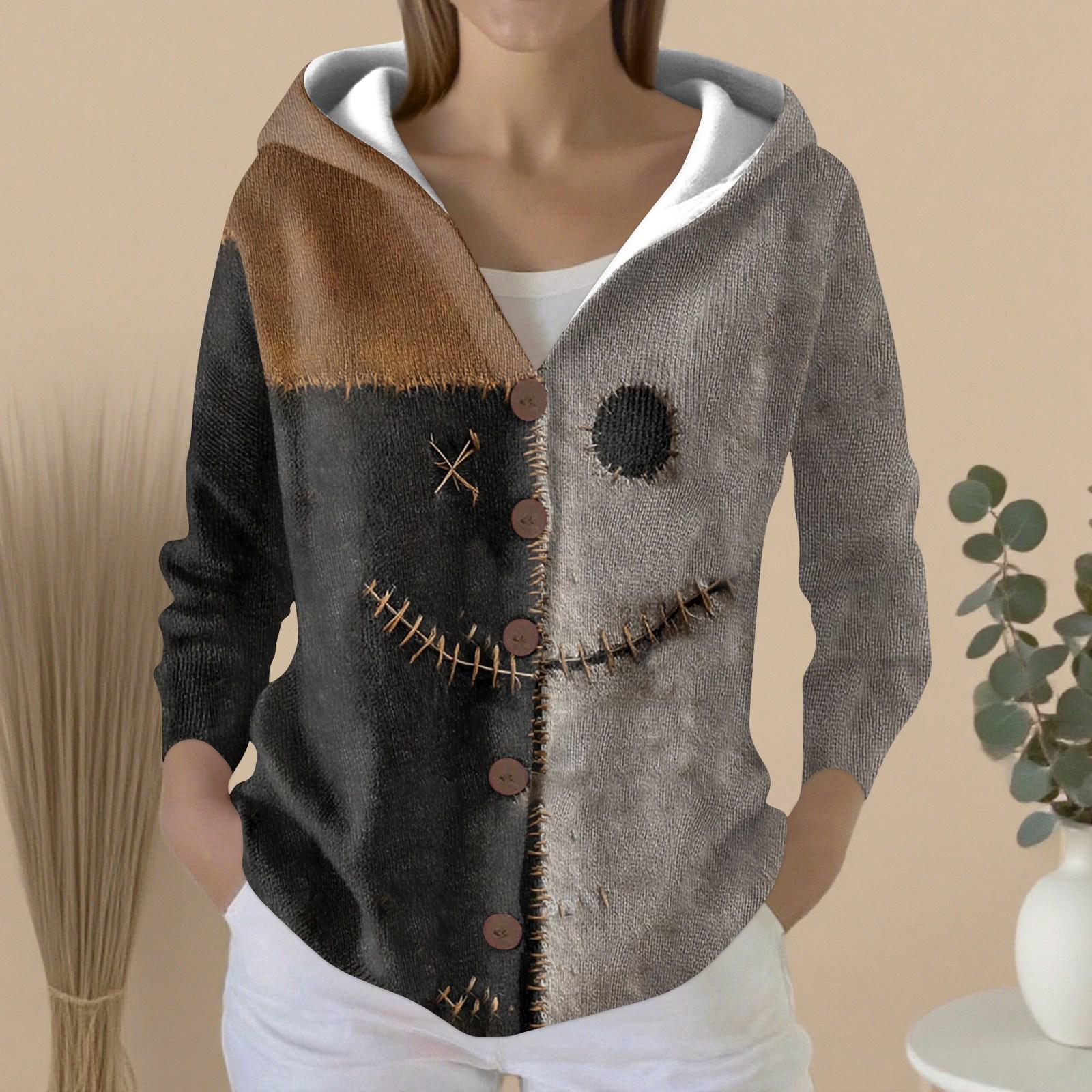 

Женский модный повседневный свитер на пуговицах с принтом, кардиган, куртка с капюшоном L коричневый