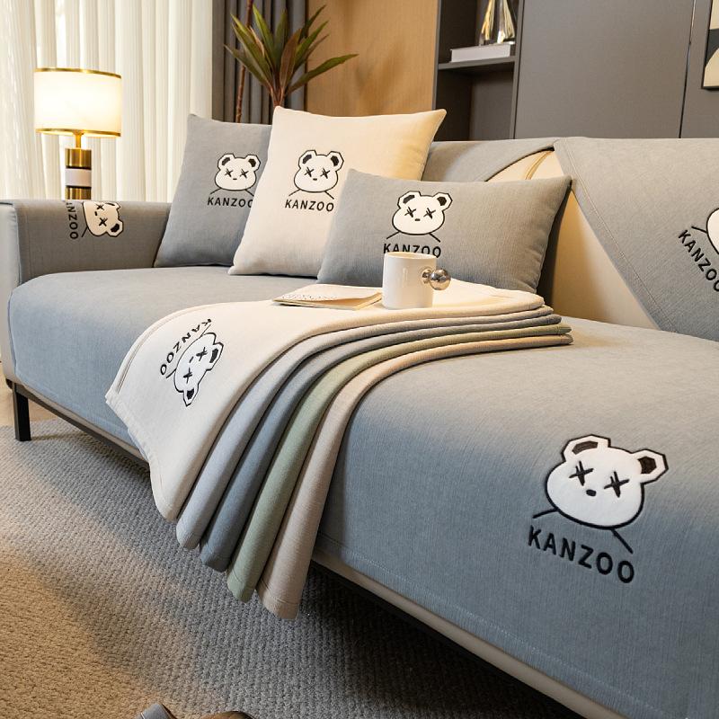 Tecknad Broderad Soffkudde för Alla Årstider, Halkfri Sittdyna och Ryggskydd, Enkelt Modernt Grått Chenille Sofföverdrag