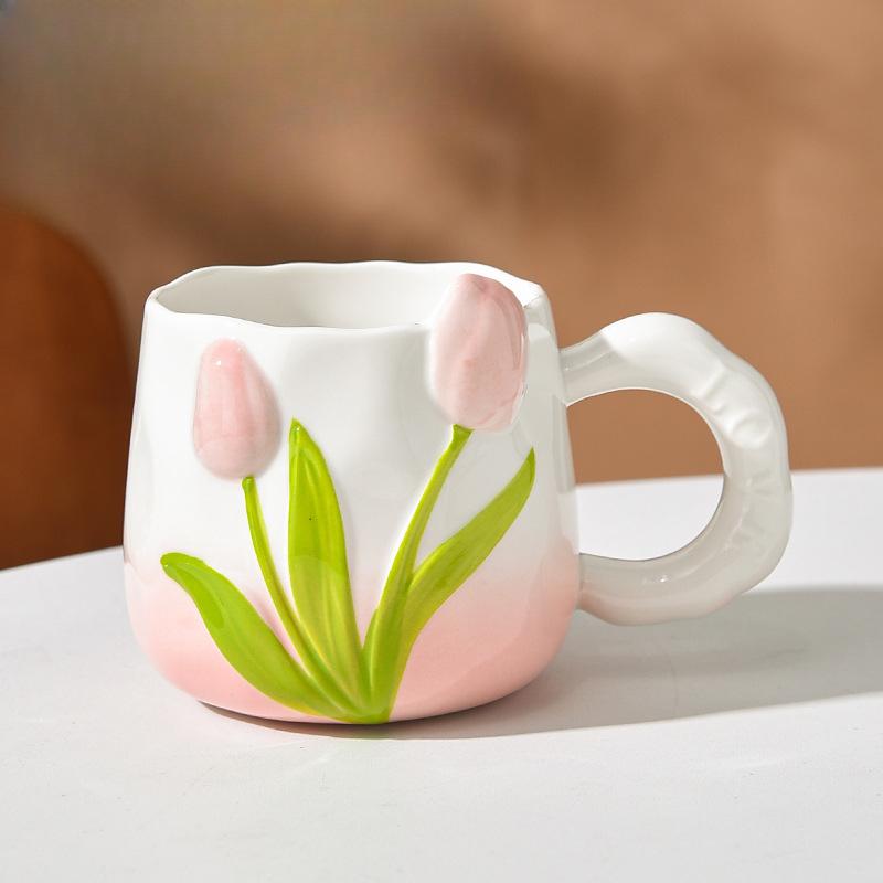 Hand Painted Ceramic Cup Three Dimensional Relief Cup Tulip Cup Flowers Mug with Handle Bestie Cup Souvenir