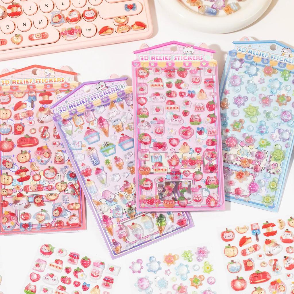NEW Cute 3D Embossed Stickers Ice Cream Turtle Strawberry Apple Material for Phone DIY Scrapbooking Journaling Craft Supplies