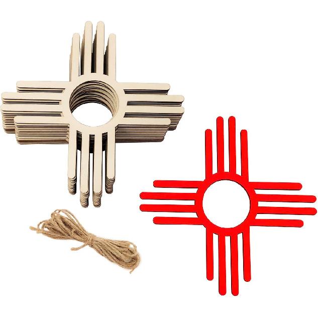 15 Pack 6 Inch Wood New Mexico Zia Sun Cutouts Unfinished Wooden Craft Ornaments DIY Craft Wood Gift Tags for Home Party Decoration