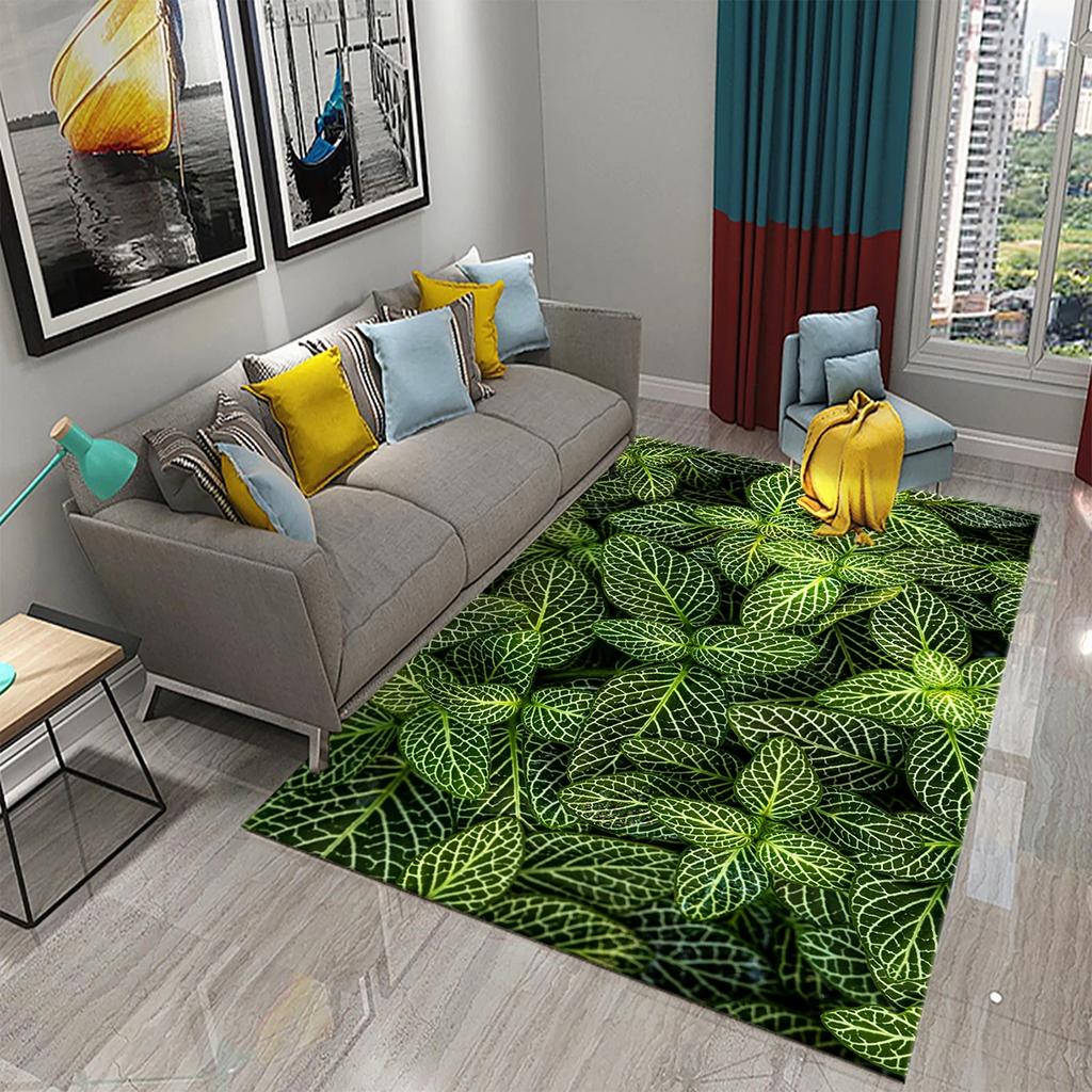 Green Leaves Carpet Natural Landscape Rug Black Rectangle Area Rugs for Adults Yoga Mats Bedroom Living Room Decor Soft Door Mat