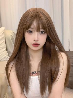 Eileen Women's Medium-Long Light Brown Wig, Straight, Natural, Harajuku Style, Popular, Slimming, Cute, with Net