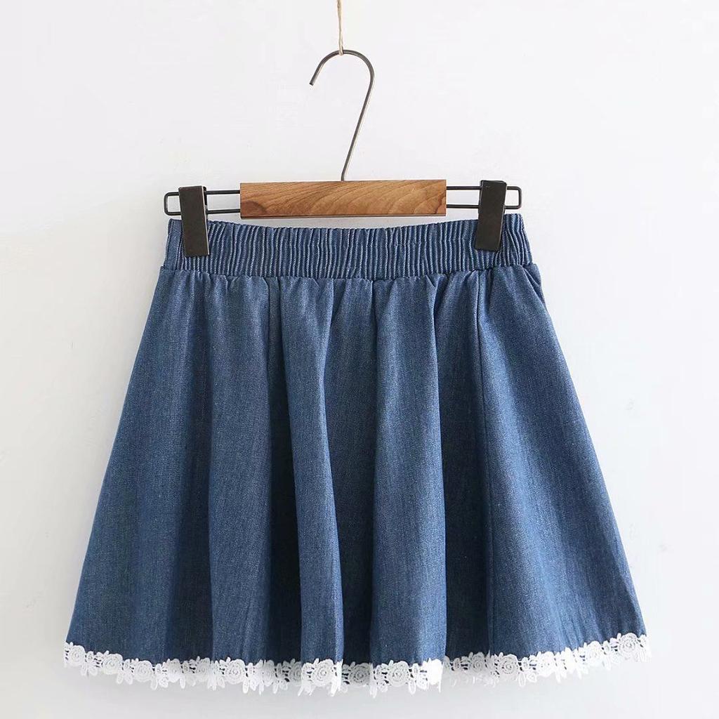 Female Elastic Waist Sweet Lace Patchwork Denim Short Skirt A-line Skirt Half Body Skirt Female