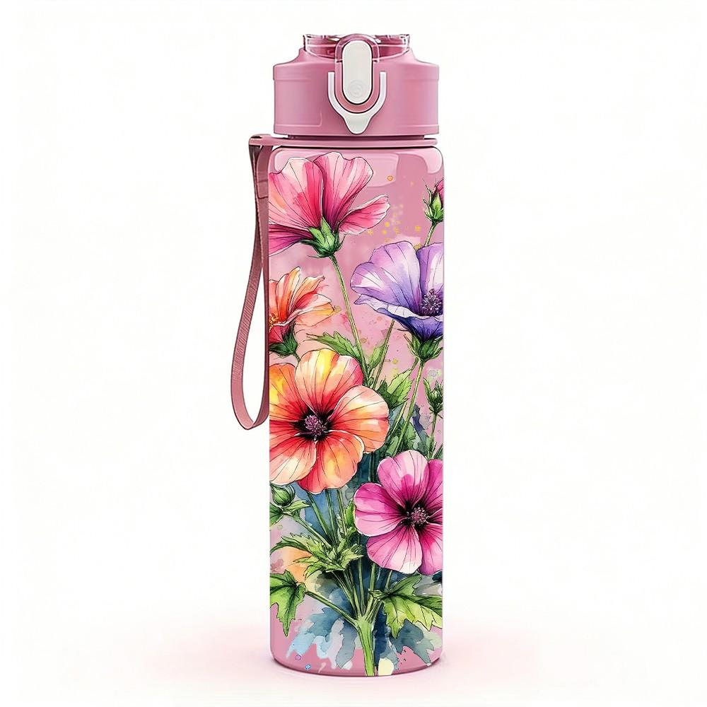 1PC Pink Red Daisy Mixed Flower Print 750ml Color Plastic Sports Water Bottle Leakproof Flip Straw Lid Suitable for Sports Office Home Use