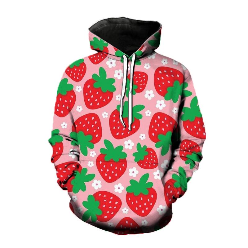 Dámska mikina s 3D potlačou jahody Roztomilý ovocný vzor Voľný ležérny top s dlhým rukávom Módna pohodlná unisex mikina