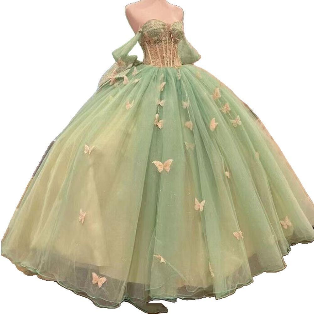 Vestido de Noche Bar Mitzvah Verde Mori Simple Hombro Descubierto Tul Calcomanía de Mariposa 1011 Vestido de Noche de Banquete