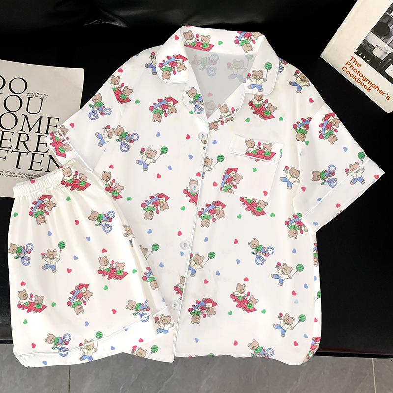 Summer Cartoon Cute Cold Silk Cool Short-Sleeved Suit Printed Pajamas Women'S Happy Bear Loungewear
