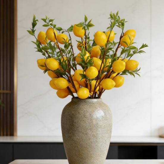 Artificial Lemon Branch with Green Leaves Fake Fruit Lemon Tree Decoration Lifelike Faux Greenery Stems for Home Dining Table Kitchen Decor