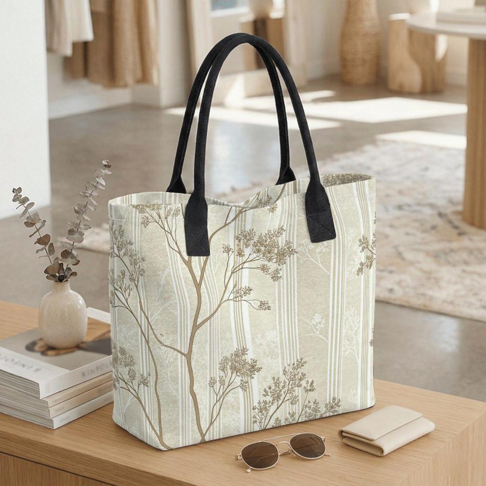  Elegant Tree Print Tote Bag Large Capacity Casual Canvas Shoulder Bag for Daily Use