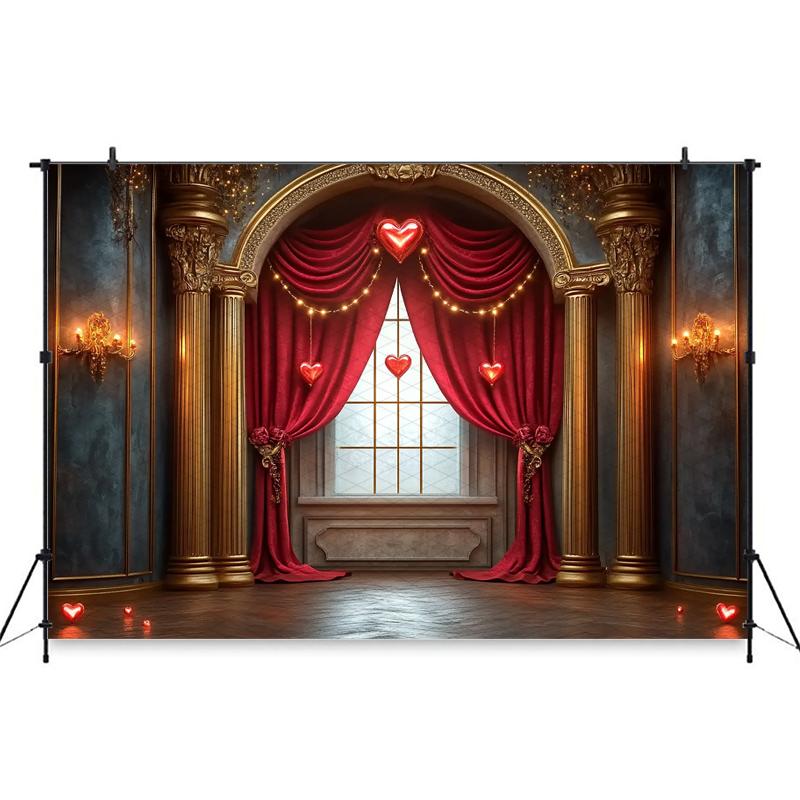 Mocsicka Valentine's Day Photography Backgrounds Palace Red Curtains Love Decorations Girls Women Photo Backdrops Wedding Banner