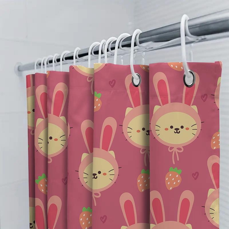 Cute Cartoon Bunny Rabbit Design Shower Curtain For Bathroom Decor Home Supplies Accessories Pink Color With Strawberry Heart Pa
