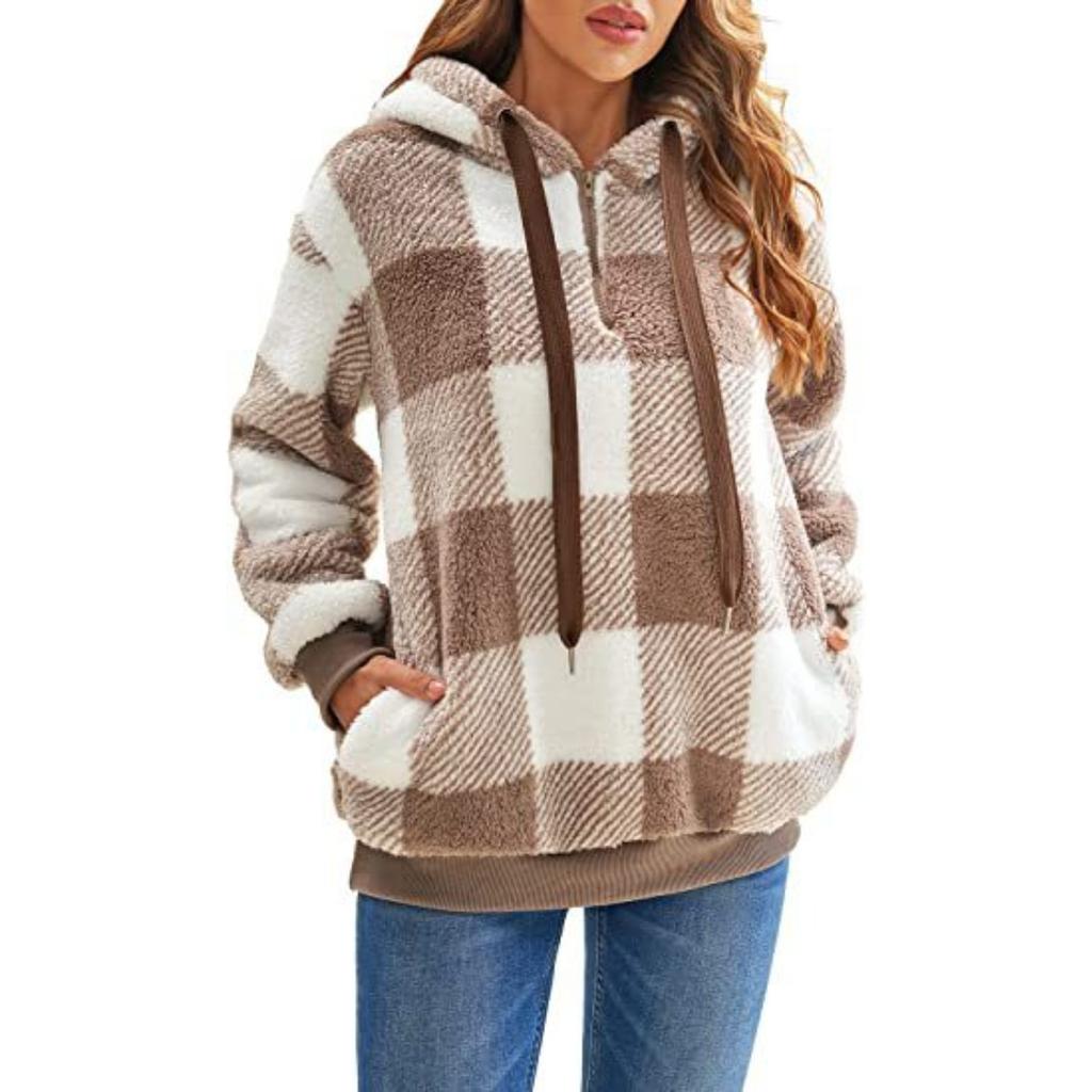 Plush Jacket Long Sleeved Hooded Plaid Plush, Women's Hoodie Jacket