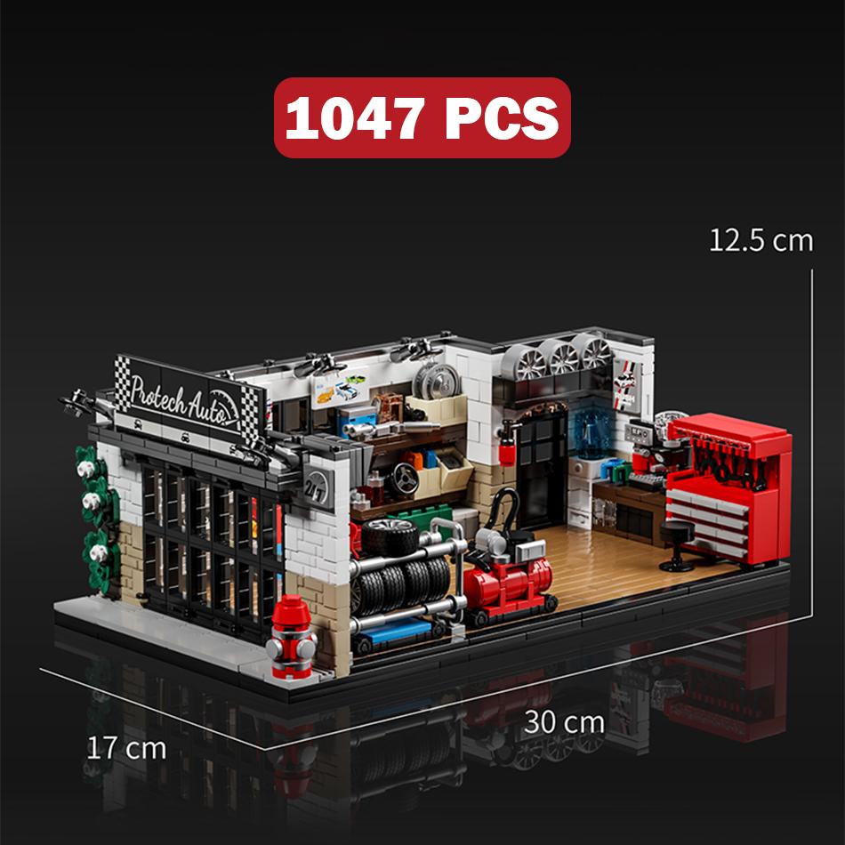 1047 Teile Technische Retro Amerikanische Garage Szene Straßenansicht Bausteine Stadt Speed Racer Auto Reparaturwerkstatt Steine Spielzeug Geschenk