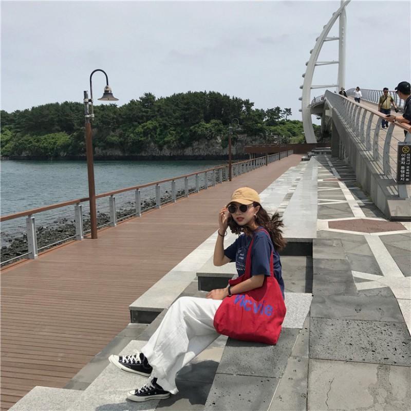 Korean Version Ins Same Model Red Canvas Bag Casual Letter Printed Shoulder Large Capacity Student Schoolbag