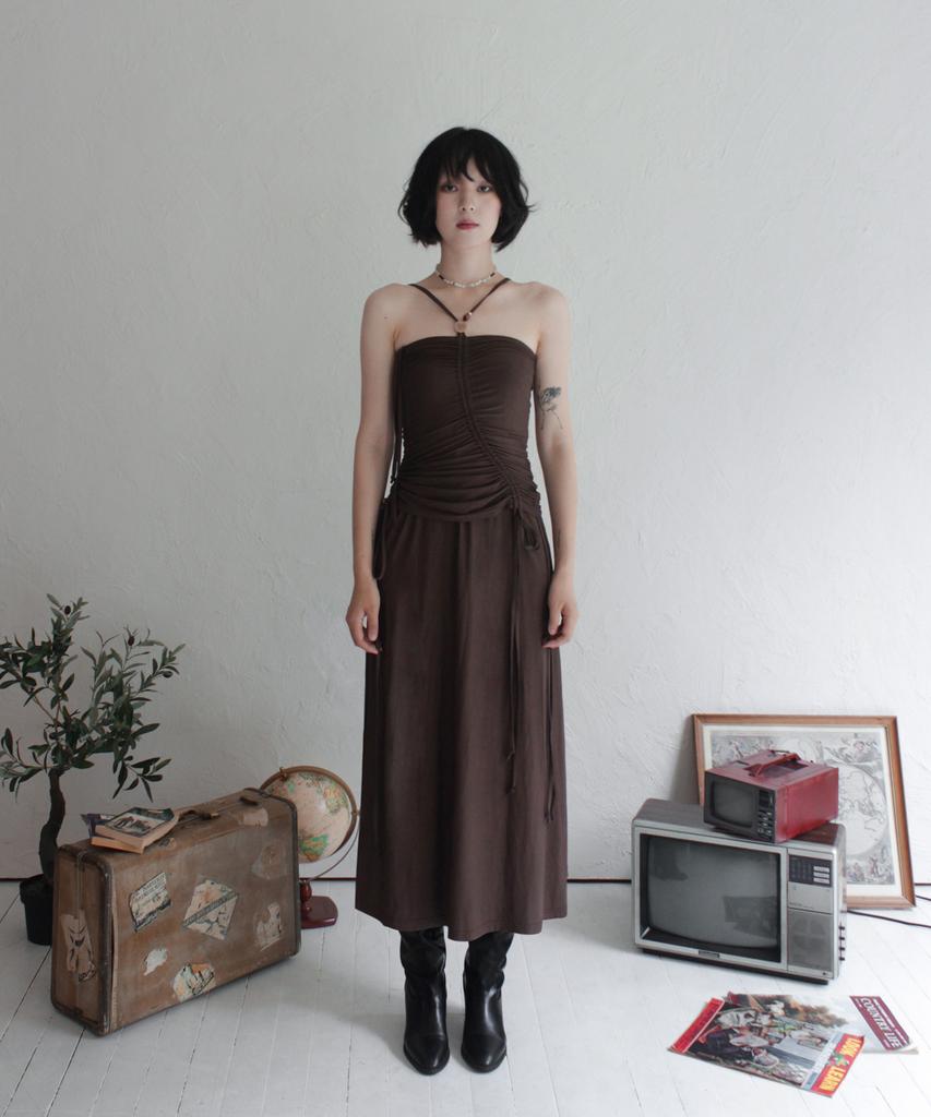 Rubati Shirred Strap Tube Top Dress_Brown