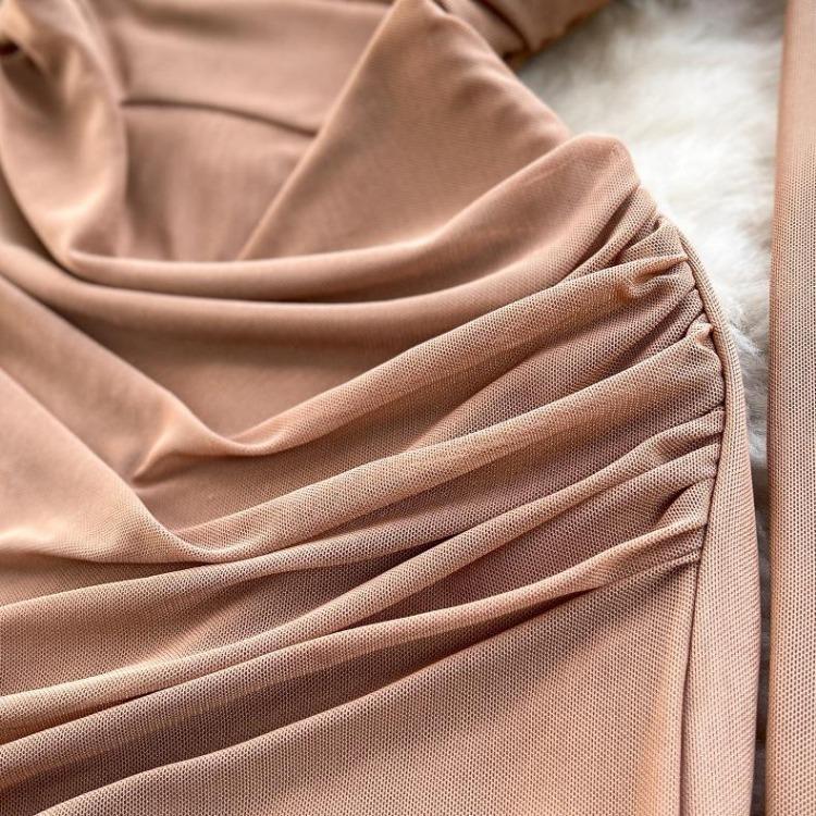 Women Casual Sleeve Long Neck V Solid Color Dress Waist High A Line Sheath Spring Elastic Mini