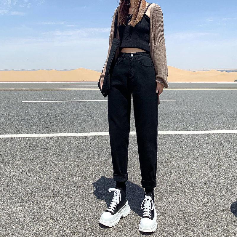 High-Waisted Fleece-Lined Korean Style Jeans for Petite Women, Autumn/Winter, Loose Fit, Straight Leg, Harem Carrot Cut.