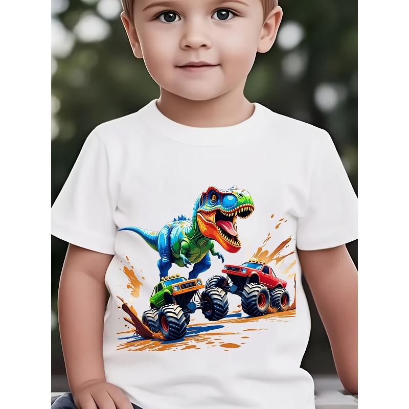 Jungen Kurzarm-T-Shirt Sommer Mode Lässiges Oberteil mit Cartoon-Dinosaurier auf zwei LKWs Druck