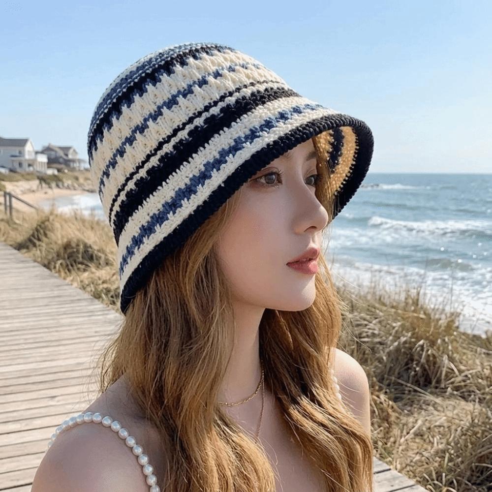 Stripe Knitted Bucket Hat Colorful Sun Protection Cap Visor Cap Fisherman Hat  Spring