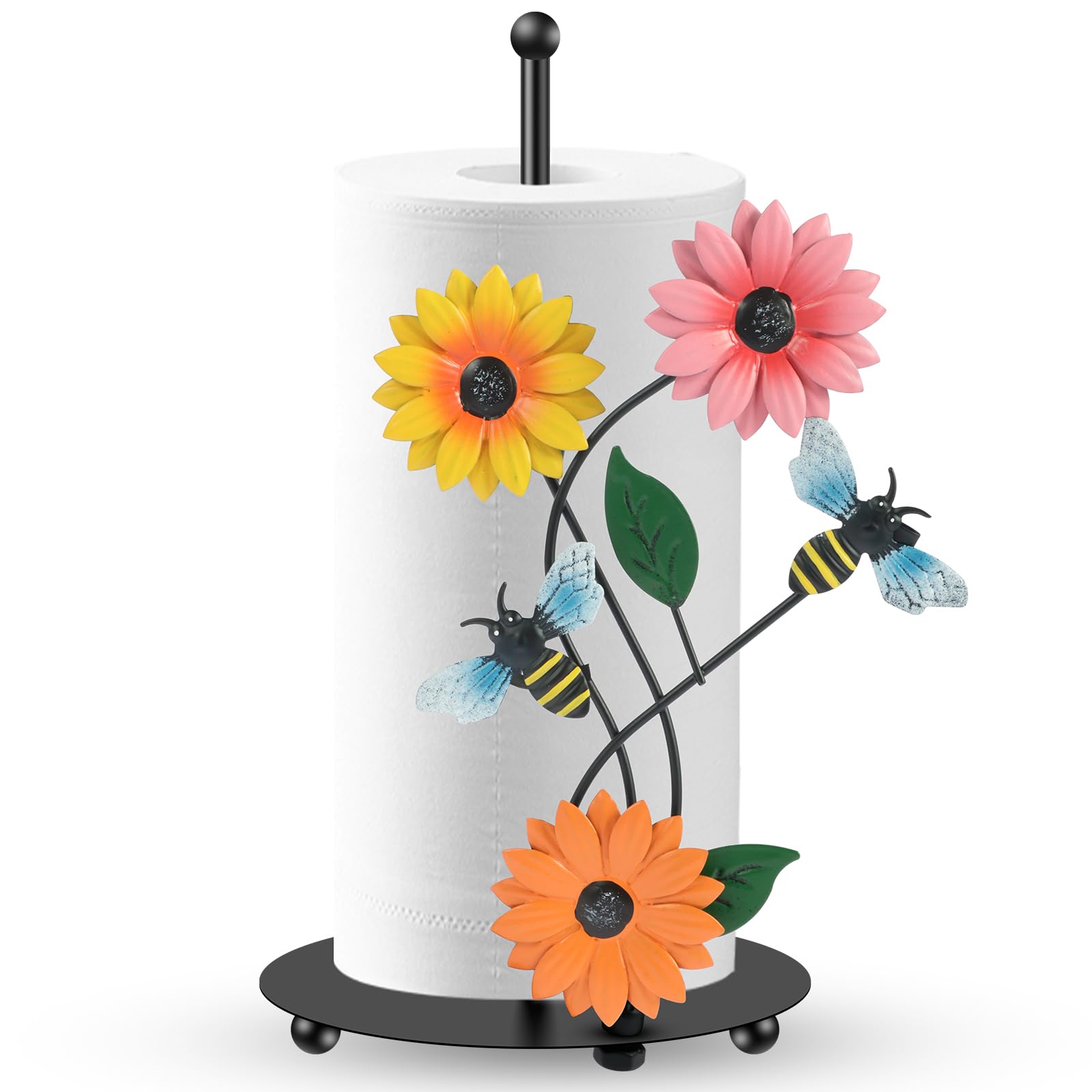 Kitchen Roll Holder Sunflower Paper Towel Holder Free Standing Black Iron Kitchen Towel Stand Non Slip Countertop Organizer Vintage Farmhouse 1PCS