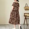 2025 Summer New Retro Literary Loose Round Neck Short Sleeve Midi Dresses