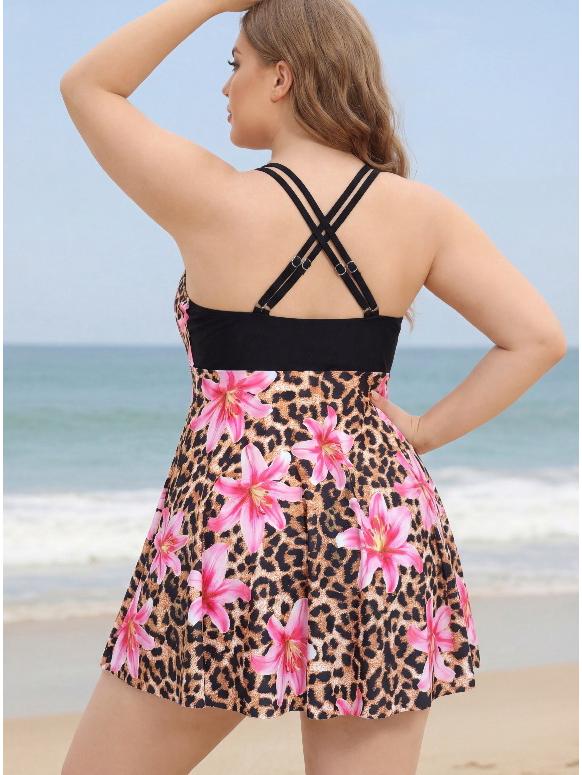 Plus Size Two-Piece Skirt Swimwear: Printed, Tummy Concealing, Slimming Boyshorts, Conservative Style, Ideal for Vacation or Hot Spring.