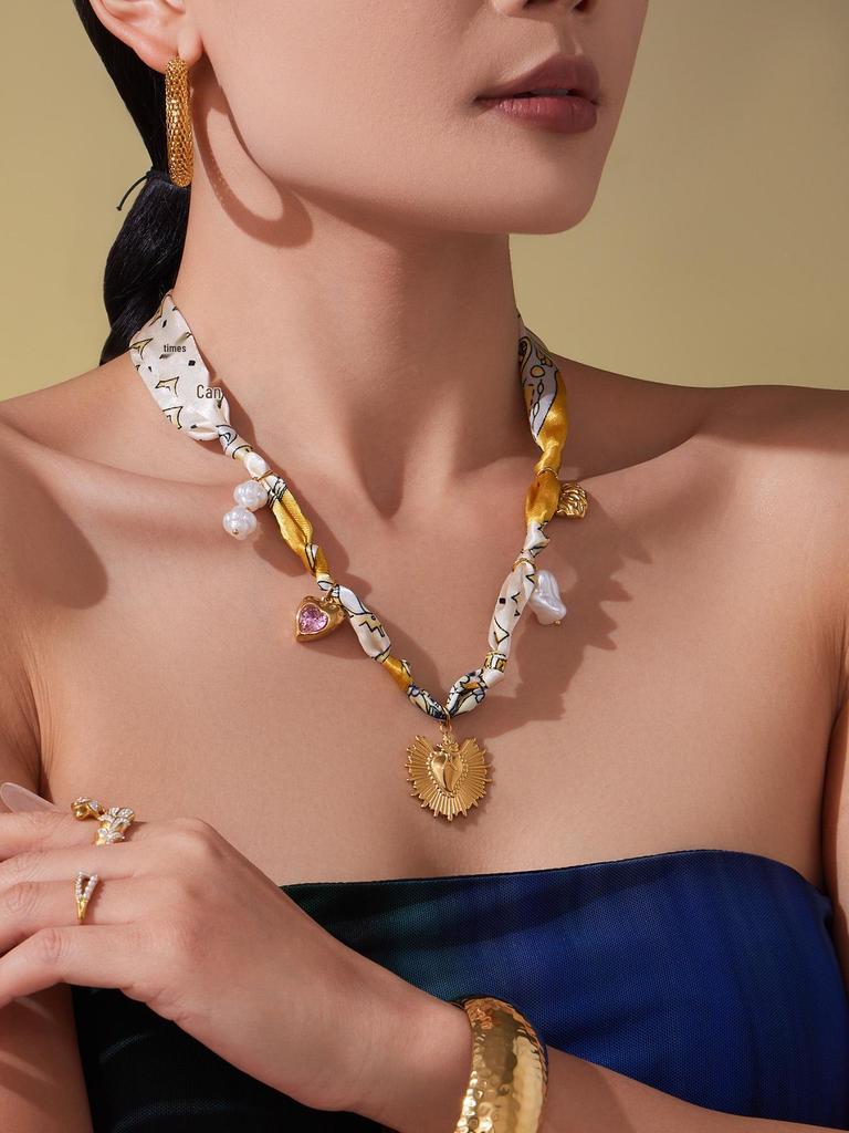 Qiong Yao Multi-Pendant Pearl Silk Scarf Necklace with Stainless Steel Clavicle Chain