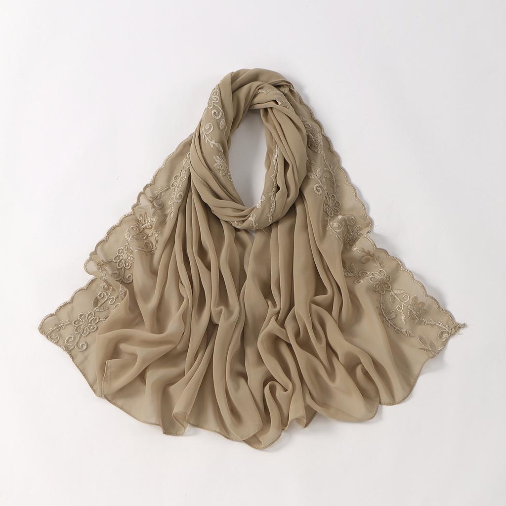 Floral Embroidery Edge Chiffon Silk Scarf Women Muslim Hijab Headscarf Soft Wraps Headband Summer Sunscreen Shawls Beach Shawls
