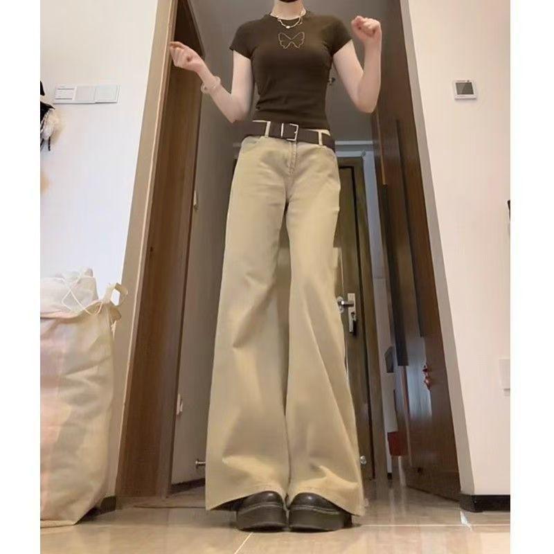 Khaki Slimming Micro Flare Low-Waist Floor-Length Jeans for Women