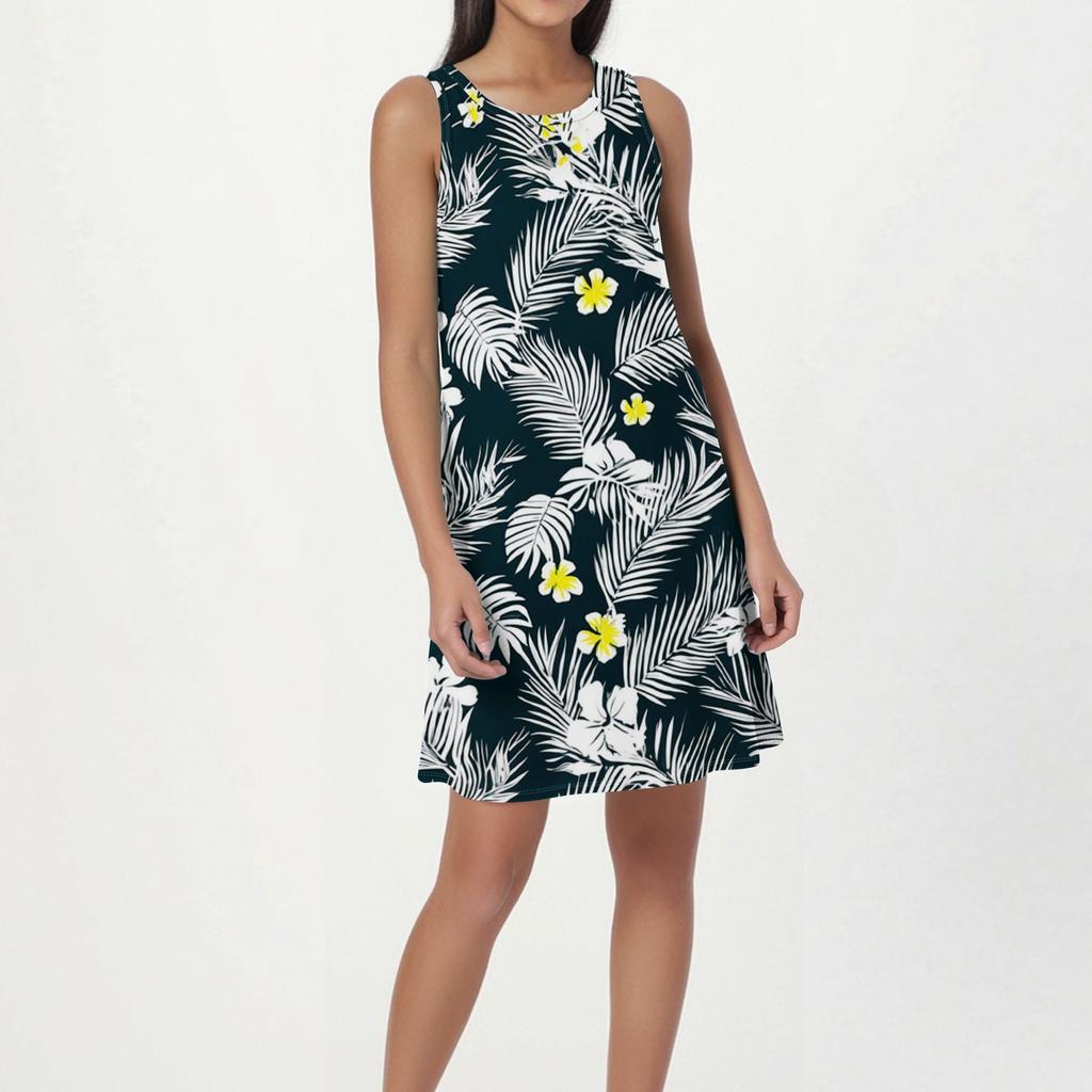 Women's Fashion Beach Dress Sleeveless Round Neck Floral Print Dress