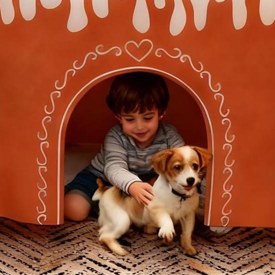 Gingerbread House Christmas Tablecloth Reusable Washable Gingerbread Playhouse Table Cover with Playful Cut-Out Windows for Dining Room Kitchen Party