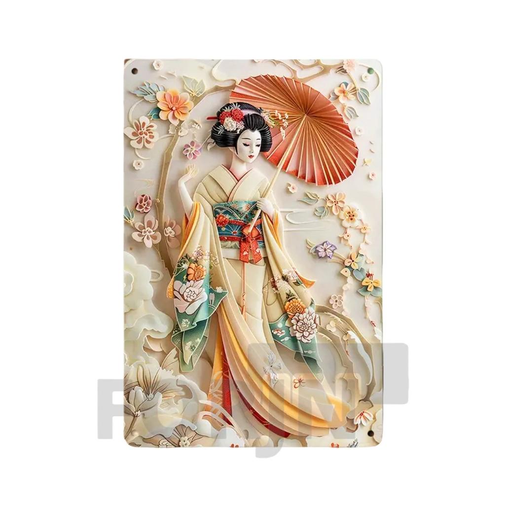 2D Japanisches Kunstposter Kimono Kirschblüten, elegantes Retro Geisha Metallschild, Zuhause, Zimmer, Büro, Izakaya, Café, Studio Wanddekor