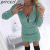 BITCED S-5XL Høst Vinter Damer Omslagsskjørt Glidelås Midje Langermet Strikket Kjole Hofter