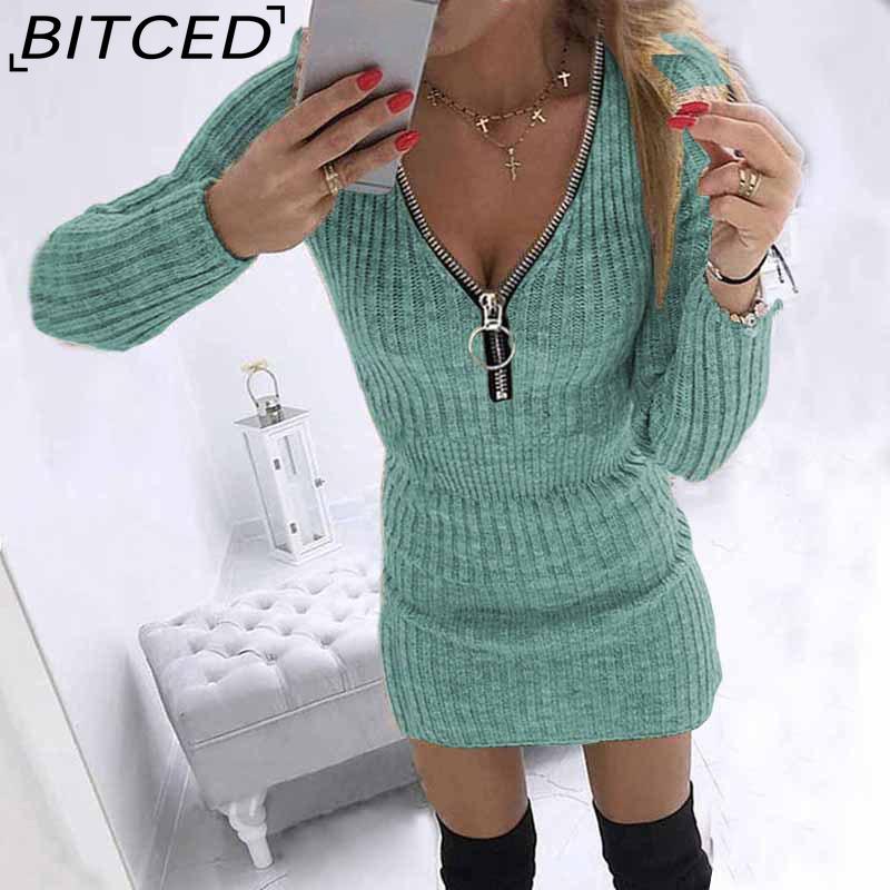 BITCED S-5XL Autumn Winter Womens Wrap Skirts Zipper Waist Long Sleeve Knitted Dress Hips