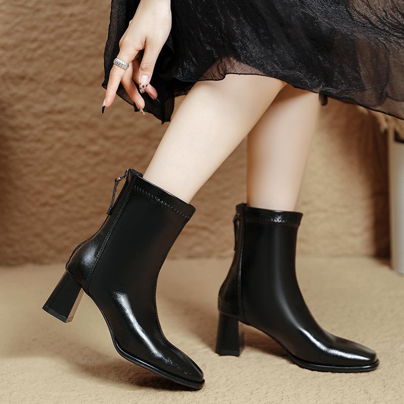 White French Small Short Boots Women's Spring and Autumn Single Boots 2025 Autumn and Winter New Women's Thin Boots Thick Heel Square Head High Heel B