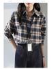 Women's Dark Blue Retro Plaid Shirt Jacket - Autumn/Winter 2025 New Korean Style Long Sleeve Top