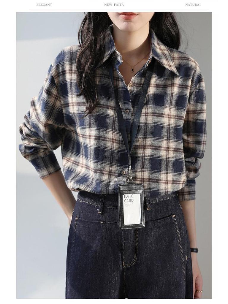 Women's Dark Blue Retro Plaid Shirt Jacket - Autumn/Winter 2025 New Korean Style Long Sleeve Top