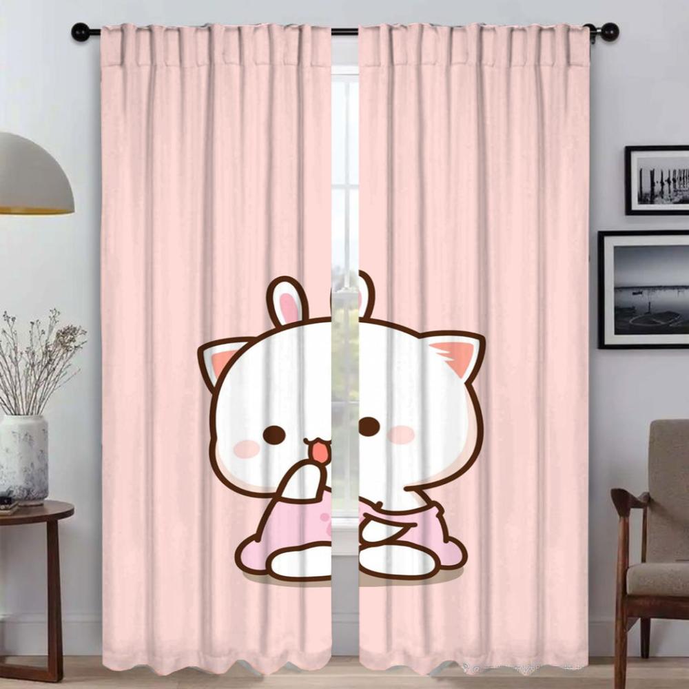 Zasłony Kuchenne 2 Sztuki Brzoskwiniowy Kot Mochi Zasłona do Salonu Tiul do Sypialni Dekoracja Halloween Zasłony do Wnętrza Domu