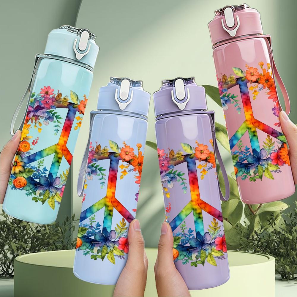 1PC Floral Peace Wreath 750ml Color Plastic Sports Water Bottle Leakproof Flip Straw Lid Suitable for Sports Office Home Use
