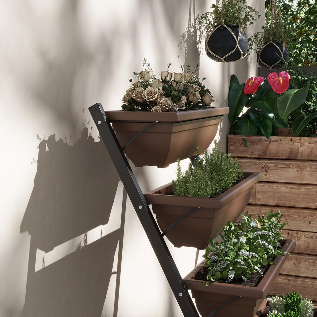 Raised garden bed with tiers, vertical planter, 5 flower boxes, drainage holes, brown steel
