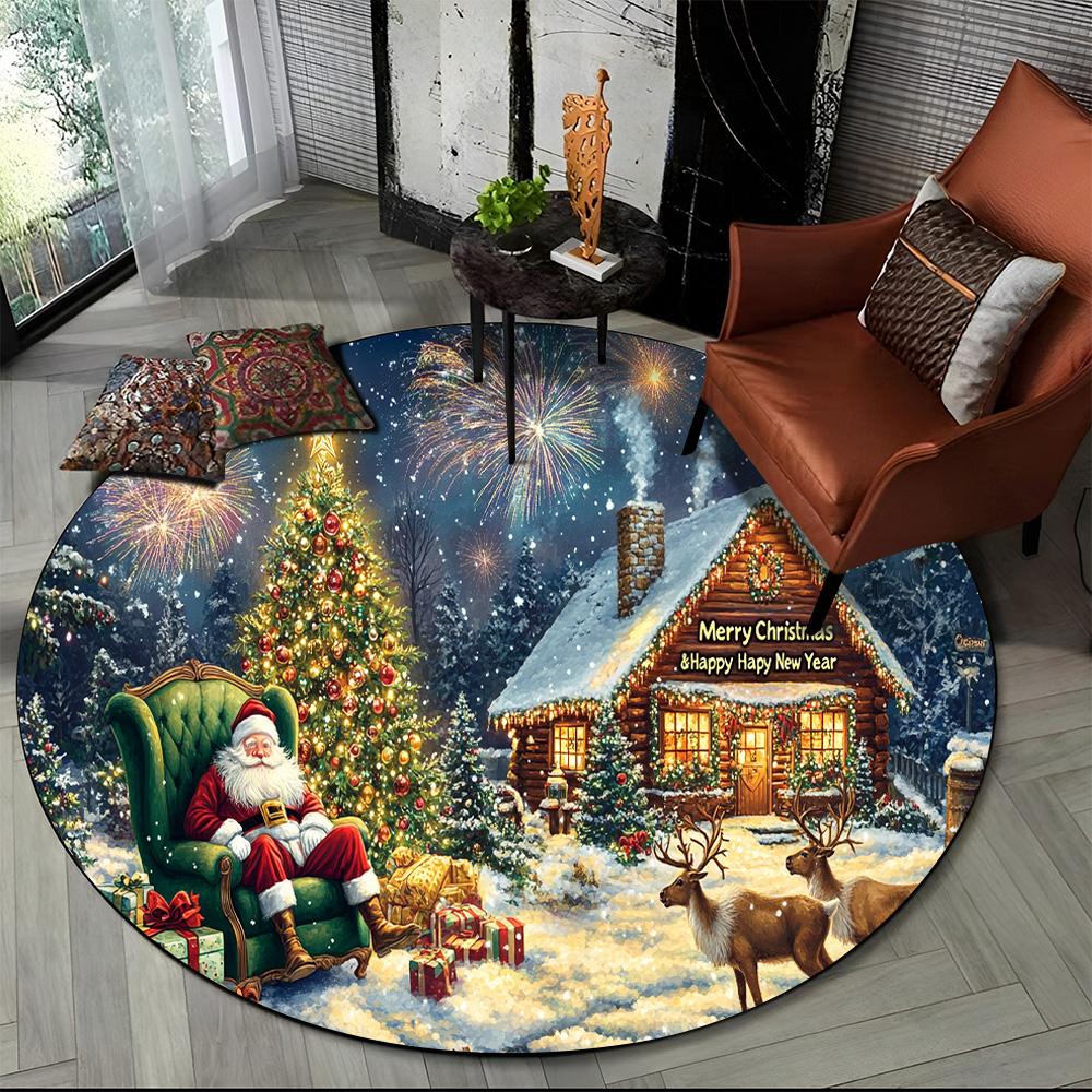Cartoon Santa Claus Merry Christmas Snowman New Year Round Carpet Rug for Bedroom Living Room Sofa Decoration,Decor Floor Mat