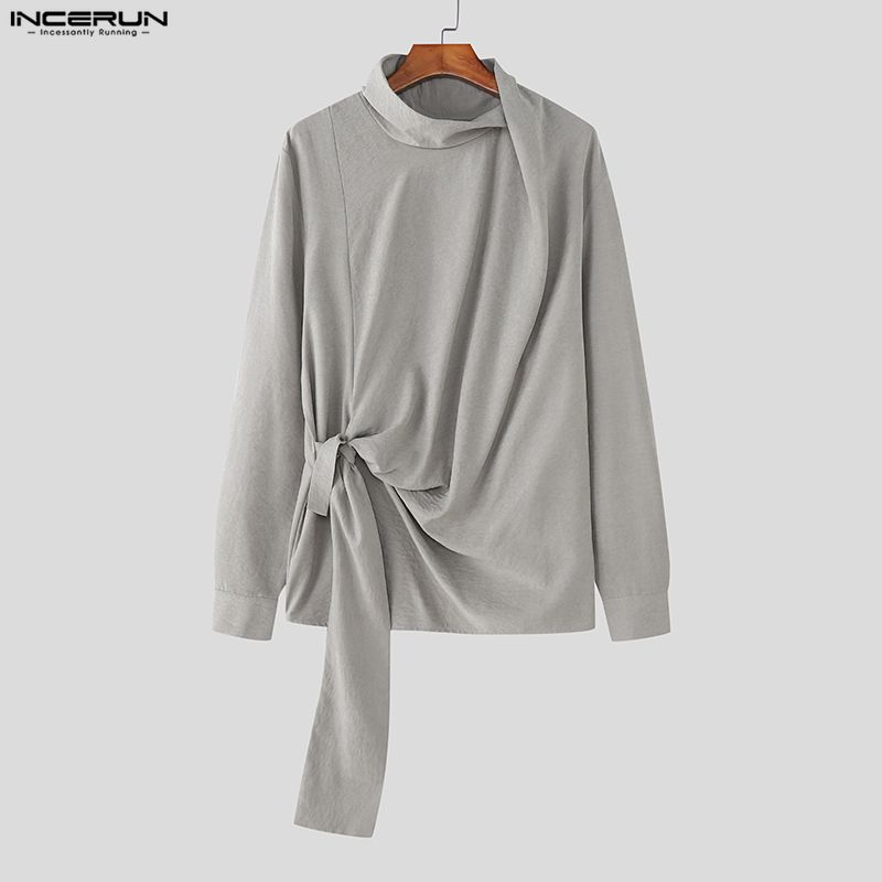 INCERUN 2PCS Men High Neck Long Sleeve Twisted T-shirt Long Ruffled Layers Pants Culottes Sets Outfits