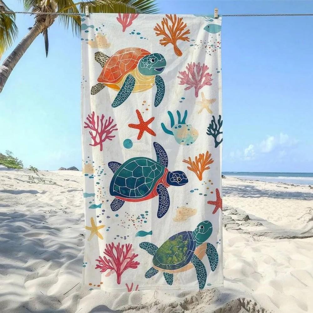 Cute Sea Turtle Microfiber Beach Towel, Ocean Life Coral Starfish Bath Towel, Tropical Animals Travel Blanket for Kids Adults