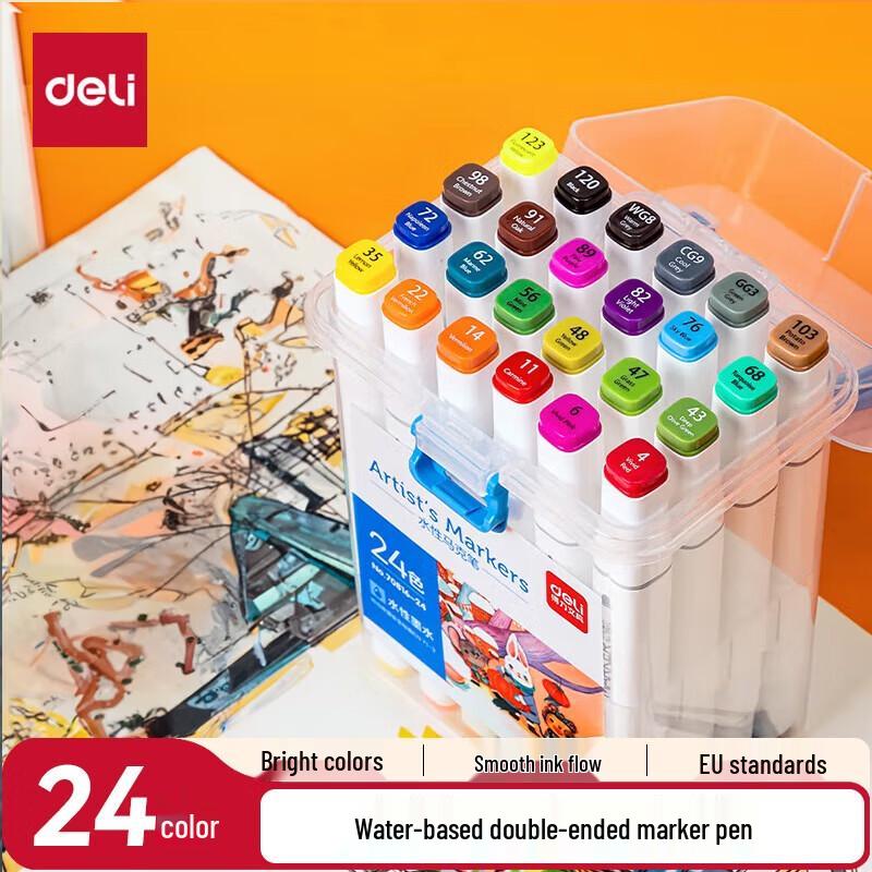 Deli 24-Color Dual-Tip Water-Based Marker Set