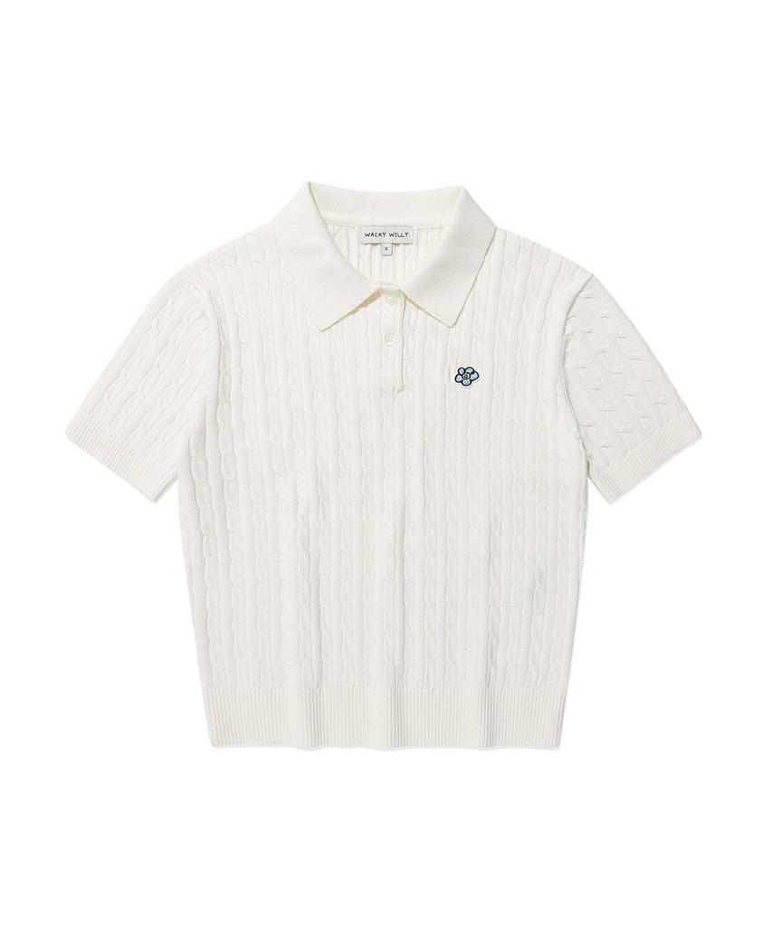 WACKY WILLY Women'S Cable Collar Short Sleeve Knit White
