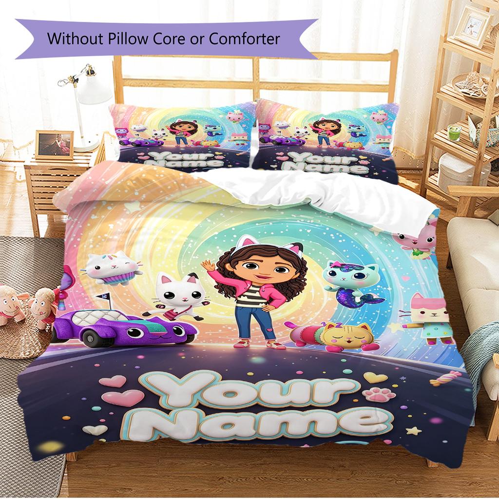 Name Custom Gabby Dollhouse Pattern Bedding Set Quilt Cover Pillowcase Home Decor Gift (1 * Duvet Cover + 2 * Pillowcase, Without Core)