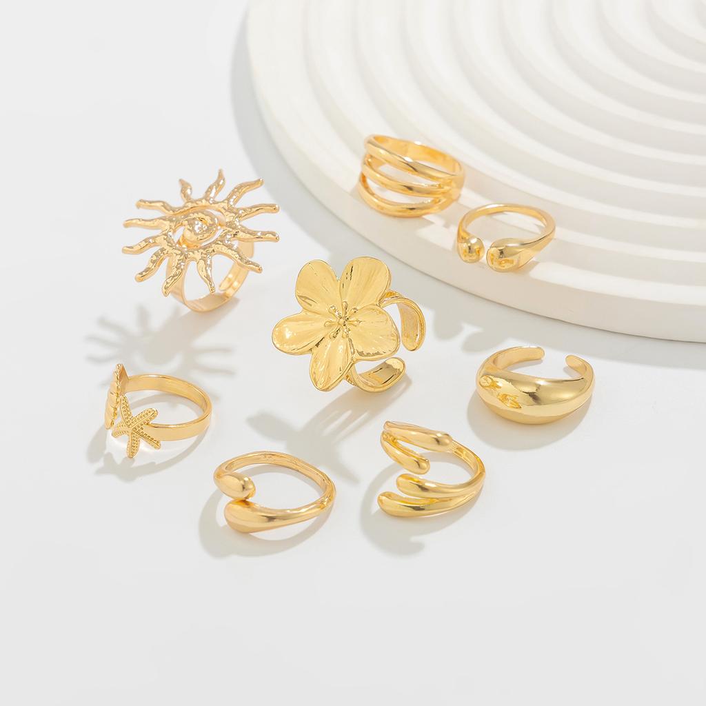 Summer Vacation Starfish Scallop Open Ring Set for Women Men Gold Color Glossy Alloy Flower Adjustable Ring Jewelry Gift